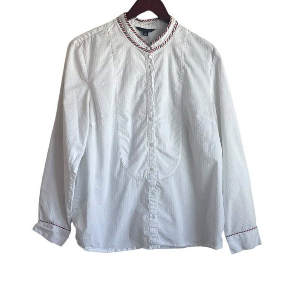 Tommy Hilfiger Women Top XL White Band Collar Tuxedo Style Striped Trim Preppy